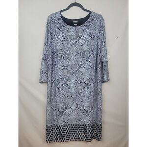 Chico's 3 Dress Women XL 16/18 Midi Shift Black White Print 3/4 Sleeve Lined